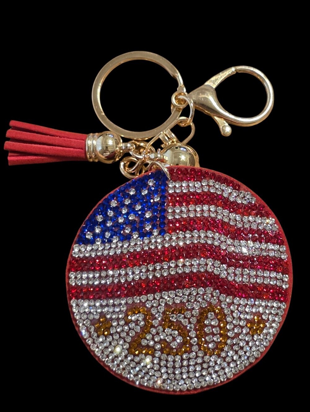 Rhinestone American Flag '250' Tassel Bag Charm- Red, Blue, White, Gold